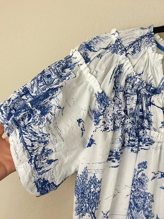 Umgee Blue & White Toile Landscape Scenic Print Peasant Blouse Size M - Picture 5 of 10